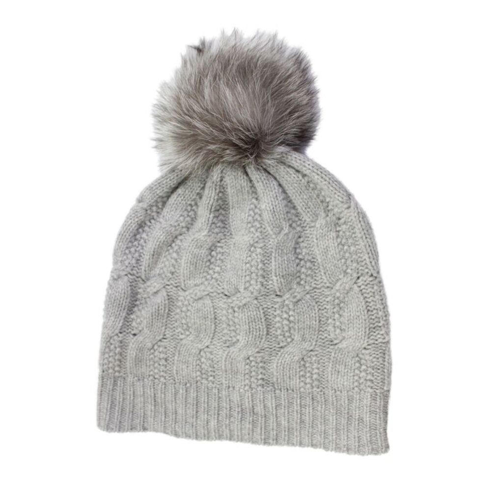 Sofia Cashmere Womens Cashmere Faux Fur Pom Pom Knitted Beanie Hat Gray